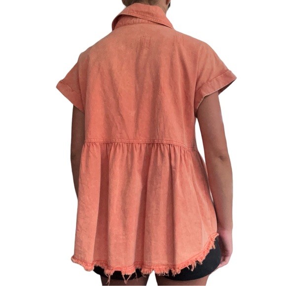 Entro Women’s Sz Small Orange Short Sleeve Button Snap Collared Peplum Denim Top - Picture 16 of 16